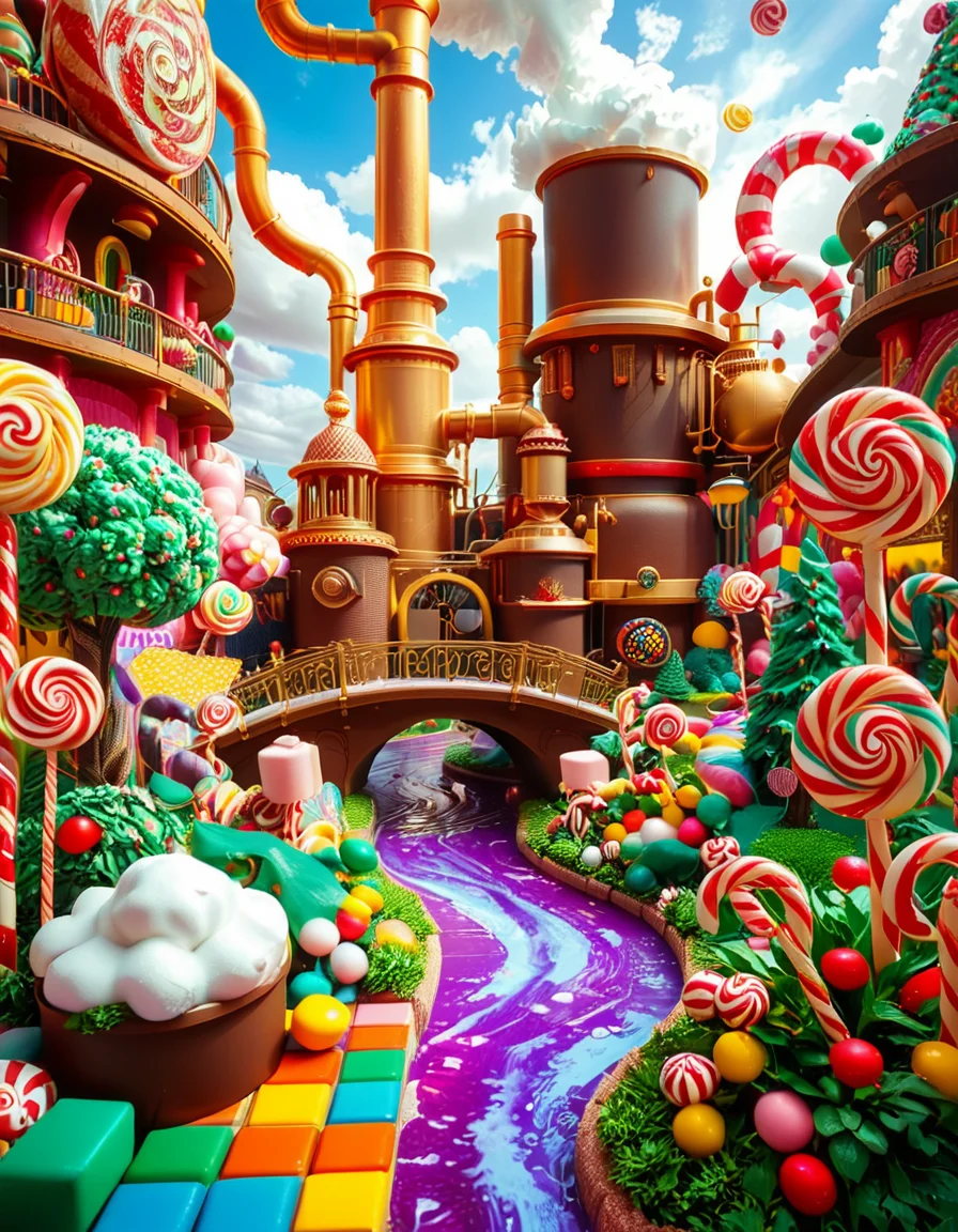 A whimsical and magical photo of Willy Wonkaâs Chocolate Factory. The scene captures the exterior of the factory, featuring a towering, fantastical building with colorful, crooked chimneys puffing out clouds of candy-scented steam. The walls are made of vibrant bricks in shades of purple, gold, and red, with intricate candy-inspired patterns carved into the structure. A large, ornate gate made of swirling lollipop shapes stands at the front, with the name "Willy Wonka" emblazoned in gold letters. Surrounding the factory is a lush, surreal landscape filled with oversized candy canes, gumdrop bushes, chocolate rivers, and trees made of cotton candy. The sky is bright and cheerful, with fluffy clouds that resemble whipped cream. The entire setting feels magical, playful, and inviting, full of bright, saturated colors and incredible, dreamlike details that spark the imagination.
<lora:SDXLFaeTastic2400:0.4> <lora:extremely_detailed:0.4> extremely detailed, <lora:Willy_W0nk4_chocolate_f4ct0ry:1>,Willy W0nk4 chocolate f4ct0ry, Masterpiece,best quality,hi res,8k,hi res,8k,award winning,(sharp focus, intricate, highly detailed),