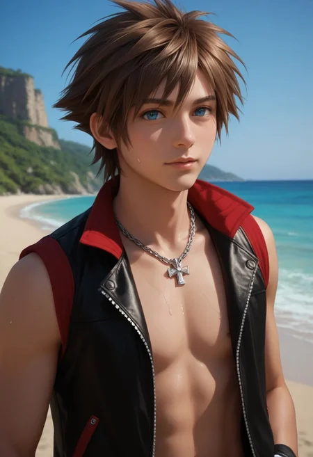 score_9, score_8_up, score_7_up, close-up, source_anime, masterpiece, newest, realistic, highly detailed, solo, 1boy, male focus, sora, brown hair, blue eyes, gloves, jewelry, fingerless gloves, zipper, standing, necklace, sleeveless, open jacket, outdoors, island, beach, intricate detail, upper body, slim, portrait, photorealistic, hyperreaistic, skin pores, realistic skin, sweat, depth of field, photo grain
