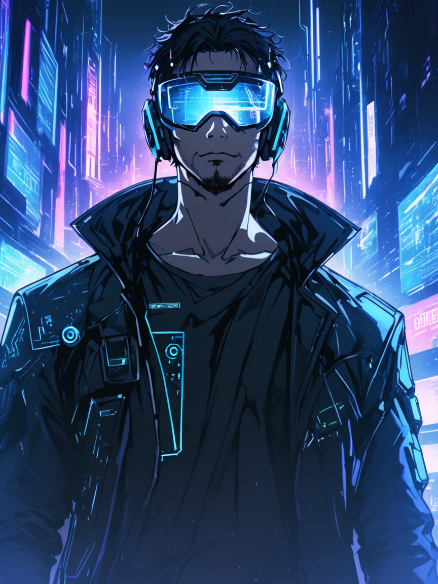 cool cyberpunk man, confident smirk, lifting visor with one hand, messy dark hair, slight stubble, open jacket revealing chest, futuristic headset, neon reflections, cyber city background, soft glowing lights, sci-fi digital elements, glitch effects, cinematic lighting, close-up shot, dynamic perspective, cyberpunk aesthetic, detailed anime style, colored manga illustration, high contrast, moody atmosphere, digital painting, high-quality rendering  <lora:AnimeSKetch:2>