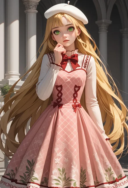 score_9, score_8_up, score_7_up, score_6_up, score_5_up, score_4_up, detailed, masterpiece, 1girl
BREAK,
very long hair, blonde, green eyes
BREAK,
(BloomPoetry, pink dress, red bow, white long sleeves, beret:1.4), l414