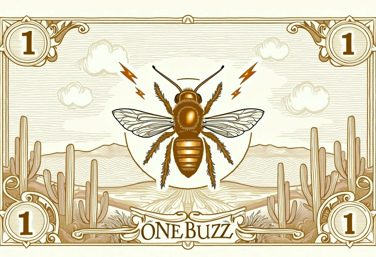 With the number "1" in each corner, (text "ONE BUZZ" printed at the bottom), (text "ONE BUZZ" printed at the top), a legal tender note fully printed with swirling detailed engraving, a bee surrounded by thunder bolt symbols, bright clear bee, in the desert with cactus and mountains and a detailed sky puffy clouds, an expansive picture, all bordered with decorative etching on a legal tender note, photograph with realistic paper texture. DollarStyle.