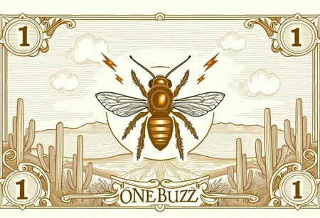 With the number "1" in each corner, (text "ONE BUZZ" printed at the bottom), (text "ONE BUZZ" printed at the top), a legal tender note fully printed with swirling detailed engraving, a bee surrounded by thunder bolt symbols, bright clear bee, in the desert with cactus and mountains and a detailed sky puffy clouds, an expansive picture, all bordered with decorative etching on a legal tender note, photograph with realistic paper texture. DollarStyle.