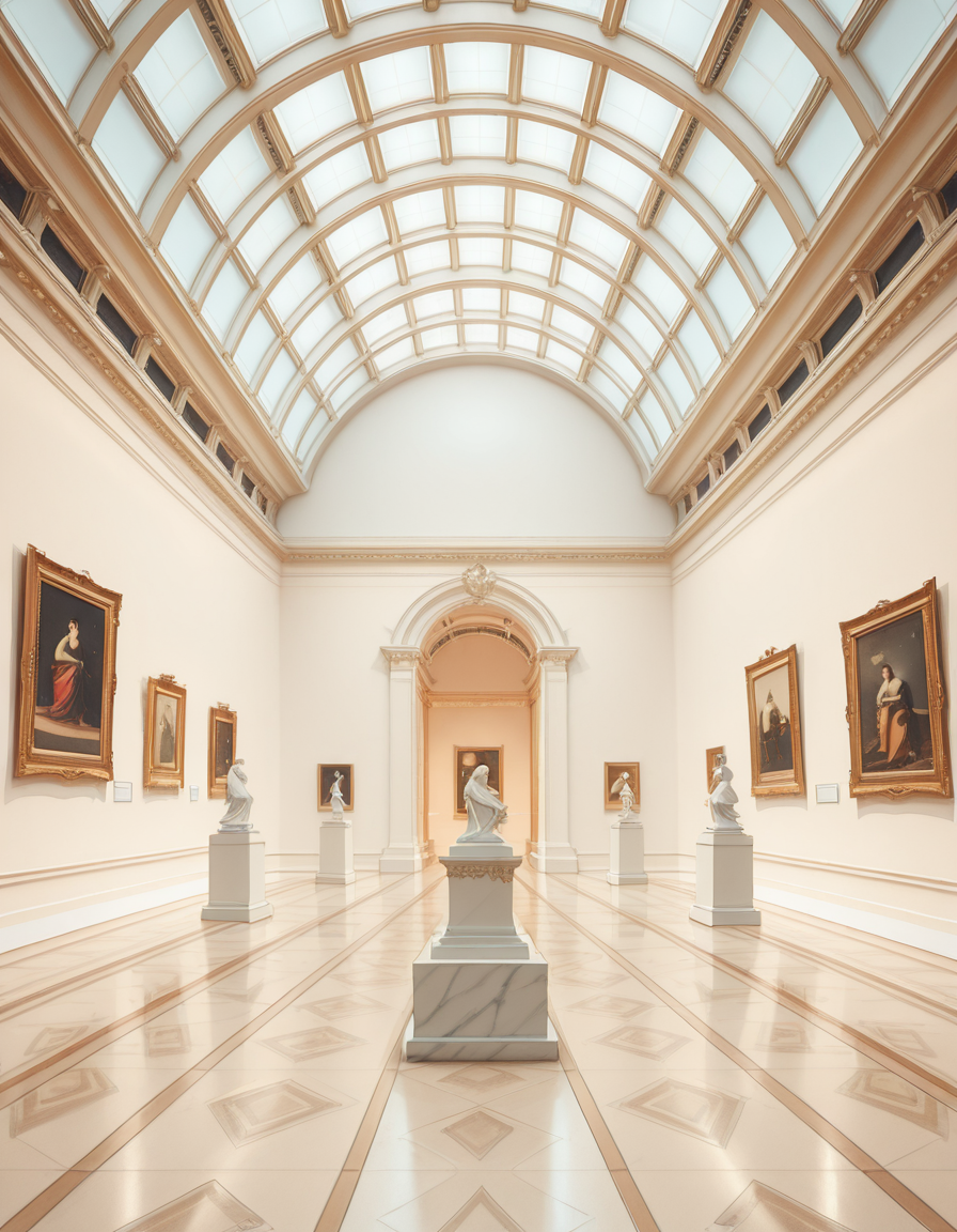A high-resolution photograph of the interior of a grand art museum, featuring vast halls with high ceilings, intricate architectural details, and polished marble floors. The museum is illuminated by soft, natural light filtering through large arched windows, casting gentle shadows on the walls adorned with classical and modern paintings in ornate golden frames. In the center, a marble sculpture stands on a pedestal, surrounded by velvet ropes. Visitors walk around, some admiring the artwork, others engaged in quiet discussions. The atmosphere is serene and intellectual, with a warm color palette of beige, gold, and deep reds enhancing the elegance of the scene. The perspective is wide-angle, capturing the depth and scale of the museum, evoking a sense of awe and admiration.
<lora:SDXLFaeTastic2400:0.4> <lora:extremely_detailed:0.4> extremely detailed,art mus3um, <lora:art_mus3um-i:1>, Masterpiece,best quality,hi res,8k,hi res,8k,award winning,(sharp focus, intricate, highly detailed),