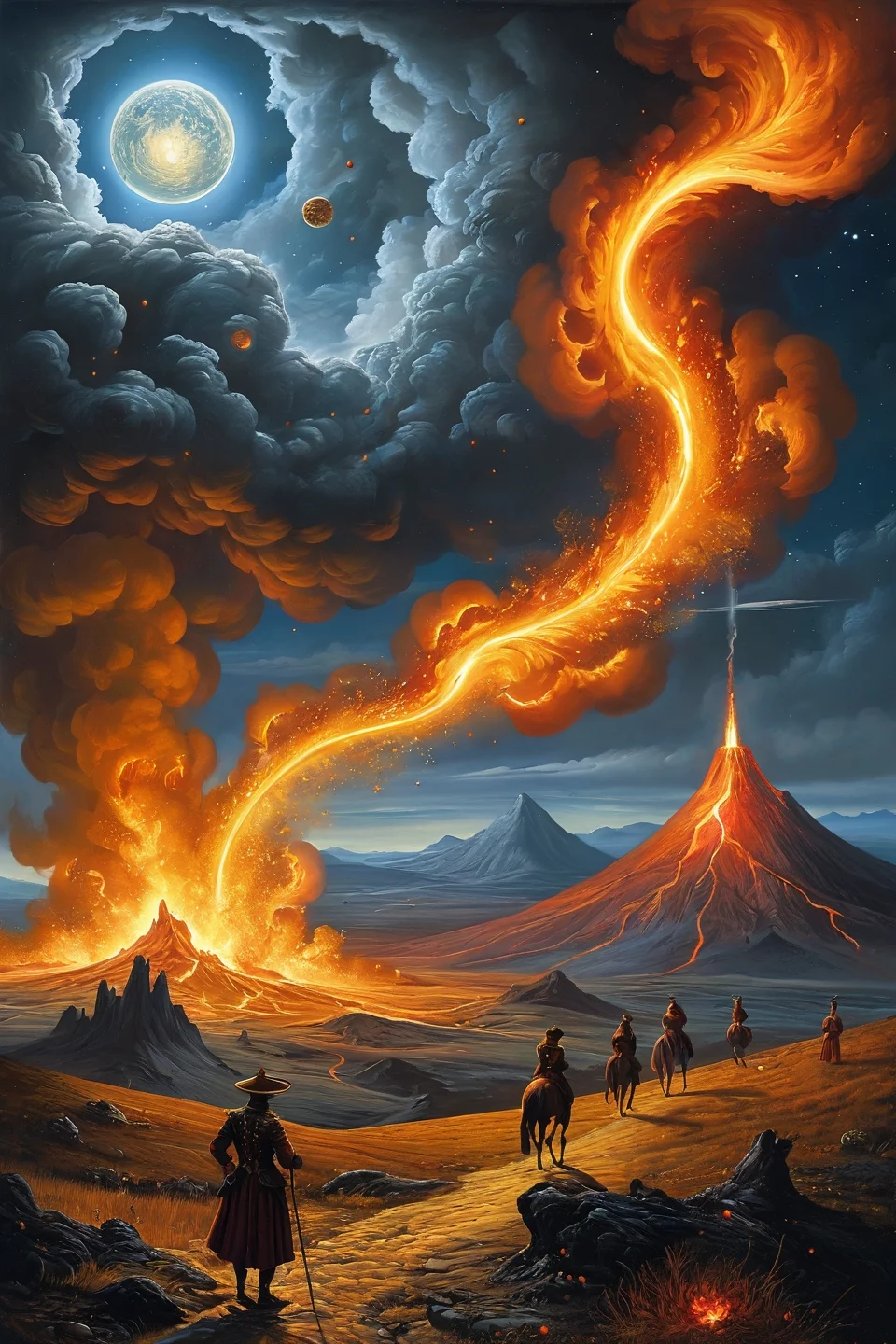 Baroque, Baroque, landscape,creator landscape,volcanic plains glowing with primordial fire illuminated by supernova remnant nebulae, geological time scales materializing through lava flow fossilization under skies where comet tails write cosmic poetry,
<lora:clear:0.15> style of Michael Cheval.
<lora:greg_rutkowski_xl_2:0.3> greg rutkowski,
 clear <lora:tbh129-sdxl:0.3>,
<lora:extremely_detailed:0.7> extremely detailed ,
<lora:add-detail-xl:0.7>,, Fantasy painting art style, imaginative, dynamic composition, professional-grade execution, creates immersive world and landscape, painterly, epic, magical, dramatic, exuberant, grandeur, baroque art, oil painting art style from Renaissance period, masterful composition, Renaissance mood, renaissance oil painting, brush strokes, dramatic, exuberant, grandeur, baroque art