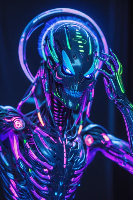hyperrealistic illustration, action shot, cyborg, robotic, alien god with blacklight makeup