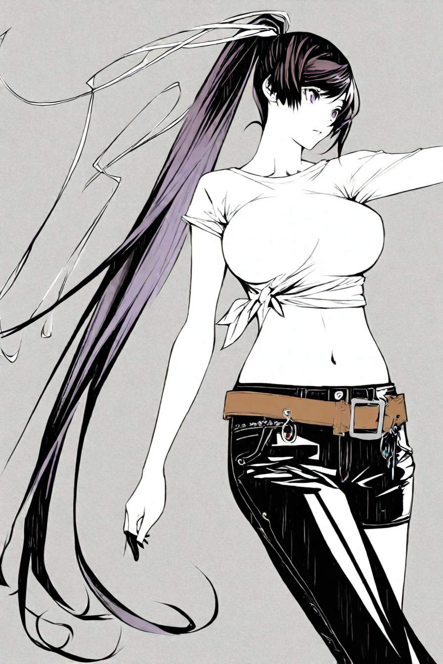 asymmetrical clothes, navel, purple eyes, very long hair, tied shirt, midriff, hair ribbon, single pantsleg, white shirt, ponytail, black hair, large breasts, jeans, white ribbon, brown belt, purple hair, asymmetrical legwear, 1girl, solo, alone, <lora:oh_great_style_illustriousXL:1>, oh_great_style,monochrome , greyscale, masterpiece, highres