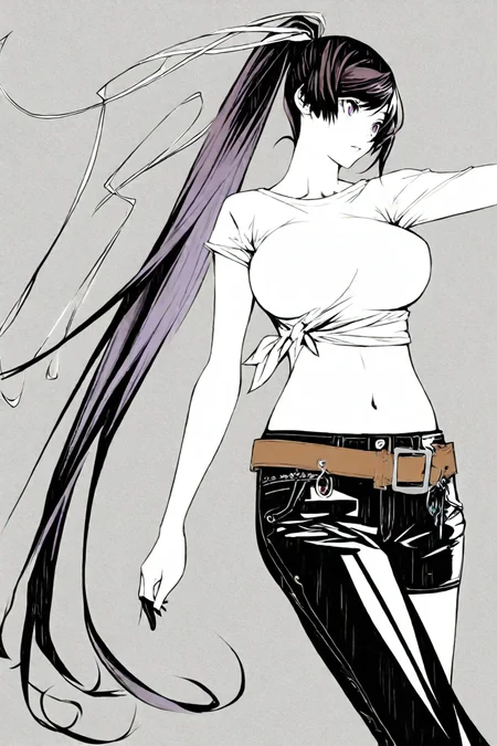 asymmetrical clothes, navel, purple eyes, very long hair, tied shirt, midriff, hair ribbon, single pantsleg, white shirt, ponytail, black hair, large breasts, jeans, white ribbon, brown belt, purple hair, asymmetrical legwear, 1girl, solo, alone, <lora:oh_great_style_illustriousXL:1>, oh_great_style,monochrome , greyscale, masterpiece, highres