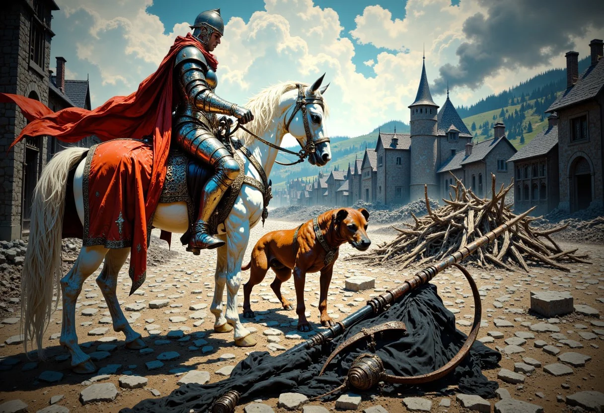 A candid, photographic, hyper-realistic, 4k, realistic photograph, properly lit, vibrant image of a knight in silver armor wearing a red cloak, riding a white horse, accompanied by a brown hound, find a black flag, ripped and torn, dirty and muddy, lying on the ground at the town square of a barren, lifeless medieval village that has been ravaged, and burnt to the ground. The village smokes in the distance.
