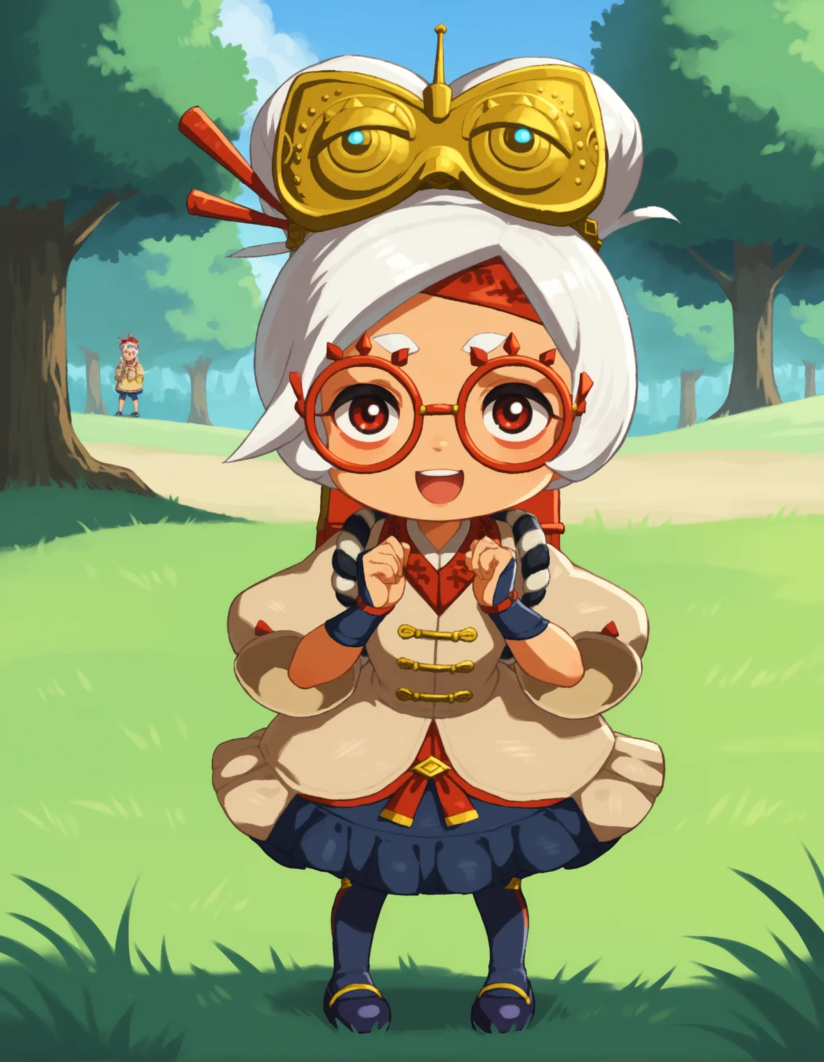zPDXL, score_9, score_8_up, score_7_up, source_anime, 1girl, solo,
<lora:LilPurah_v1.2:0.8> purah, sheikah, white hair, dark-skinned female, child, thick eyebrows, red eyes, red-framed eyewear, hair bun, beige jacket, blue skirt, frilled skirt, blue socks, kneehighs, blue footwear, mary janes, red headband, goggles on head, hair stick, hair beads, randoseru, red bag, bag straps, blue and white striped strap, fingerless gloves, blue gloves, hands up, petticoat, (squatting), grass, tree, forest, happy, \m/,