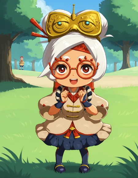 zPDXL, score_9, score_8_up, score_7_up, source_anime, 1girl, solo,
<lora:LilPurah_v1.2:0.8> purah, sheikah, white hair, dark-skinned female, child, thick eyebrows, red eyes, red-framed eyewear, hair bun, beige jacket, blue skirt, frilled skirt, blue socks, kneehighs, blue footwear, mary janes, red headband, goggles on head, hair stick, hair beads, randoseru, red bag, bag straps, blue and white striped strap, fingerless gloves, blue gloves, hands up, petticoat, (squatting), grass, tree, forest, happy, \m/,