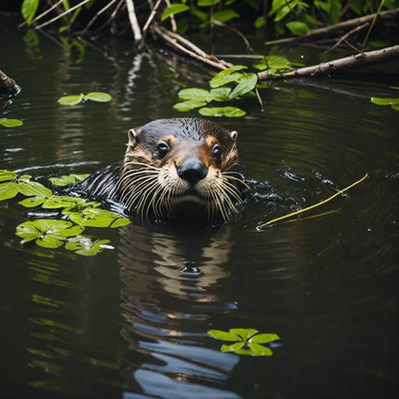 award winning photograph of beautiful otter swimming in a river in a birch forest, dappled light, rays of dust and shade, sharp focus, summertime, summer, hdr, high contrast