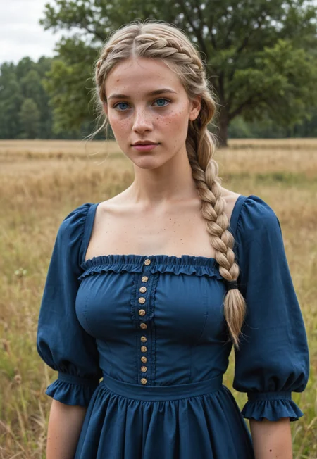 Photorealistic, ultra realistic, (detailed eyes, perfect eyes, realistic eyes), realistic hands, detailed hands, perfect hands, detailed face, depth of field, highly detailed, high contrast, high definition, 
BREAK
(Caucasian, pale skin), 
1girl, solo, young, 
(short dirty blonde, single Dutch braid),  
Petite, short, narrow torso, 
Enormous breasts, saggy natural breasts, 
real skin, face freckles, breast freckles,
BREAK
Outside, logcabin far away, American frontier, pioneer, prairie, (dark blue dress, prairie dress, pioneer dress with sleeves), (fully clothed, sfw), 
BREAK
medium full shot
