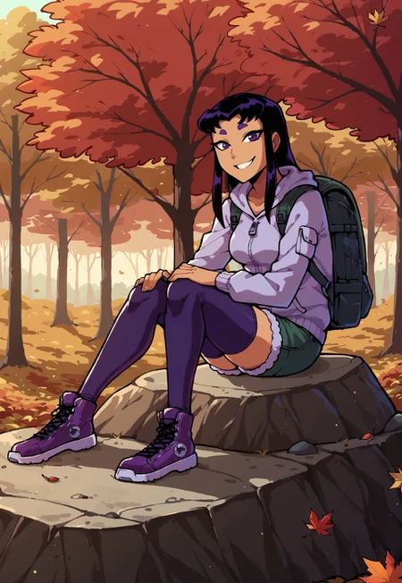 score_9,score_8_up,score_7_up BREAK <lora:Blackfirev2:0.8>,Blackfirev2,1girl,solo,long hair,black hair,dark violet eyes,dark skin,dark skin,thick eyebrows,((wool leggings, cargo short shorts, zip up hoodie, backpack, sitting on rock, quarter view)),
outdoors, smile, detailed background, outdoors, forest, hiking trail, (autumn, tree, autumn leaves, nature, outdoors), cowboy shot, looking at leaves changing, 