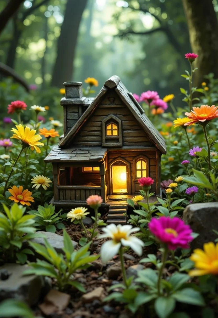 a miniature house in a flower bed as a symbol that the garden or gardening is the home, light from inside the house streams out warmly,aidmafluxpro1.1, ArcaneFGTNR