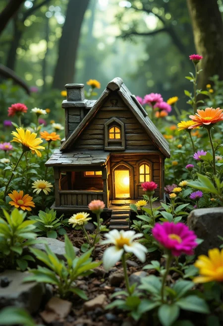 a miniature house in a flower bed as a symbol that the garden or gardening is the home, light from inside the house streams out warmly,aidmafluxpro1.1, ArcaneFGTNR