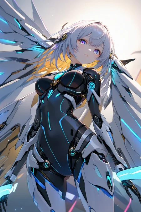 Jed-rbt, seraph, 1girl, cinematic angle, :3, looking at viewer, scifi hair ornaments, energy hair, brooch, sleeve, cape, mechanical wings, screws, cables, led lights, glowing, Futuristic, chromatic aberration, Kawaii, [(blue-white background:1.2)::0.2], (neon luminescence background:1.2), illustration, incredibly absurdres, ultra detailed, masterpiece, best quality,[<lora:detailed_notrigger:0.95>::0.5], [:<lora:detailed_hands:1.05>:0.5],<lora:RoboStyle:1>
