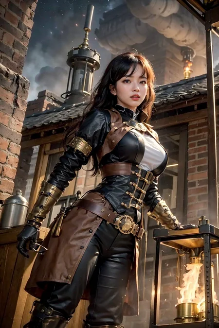 Ray Tracing, realistic, detailed, realistic details, 1 girl, 21 years old korean cute girl, (large breasts), steampunk, outdoors, dynamic pose, (A nighttime scene with gaslit streets and clockwork towers illuminated against the dark sky, Steam-powered carriages and airships can be seen traveling through the scene, while factories with chimneys emit steam in the background, Brass pipes and cogs and gears are visible in the foreground, along with copper boilers and brass and leather machinery)