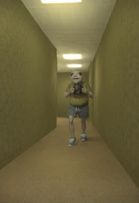 score_9, score_8_up, score_7_up, score_6_up,
BREAK
er_frogman, monster, grey skin, black eyes, standing, smile, open mouth, holding camera, walking
BREAK
green shirt, short sleeves, blue shorts, blue sneakers
BREAK
wide shot, backrooms, backrooms \(creepypasta\), brown carpet floor, yellow wall, argyle wall, tile ceiling, ceiling light, indoors, hallway, bloom <lora:[Backrooms] Backrooms Style Background_epoch_10:1>  <lora:er_albinauric:1>
