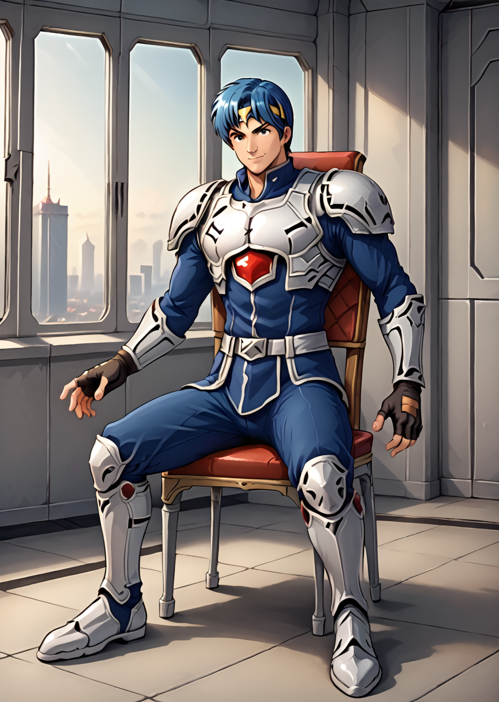 rolfps, male focus, solo, armor, headband, fingerless gloves, full body, indoors, sci-fi background, sitting, chair, man, weapon rack, smile, <lora:Rolf-000004:0.8>