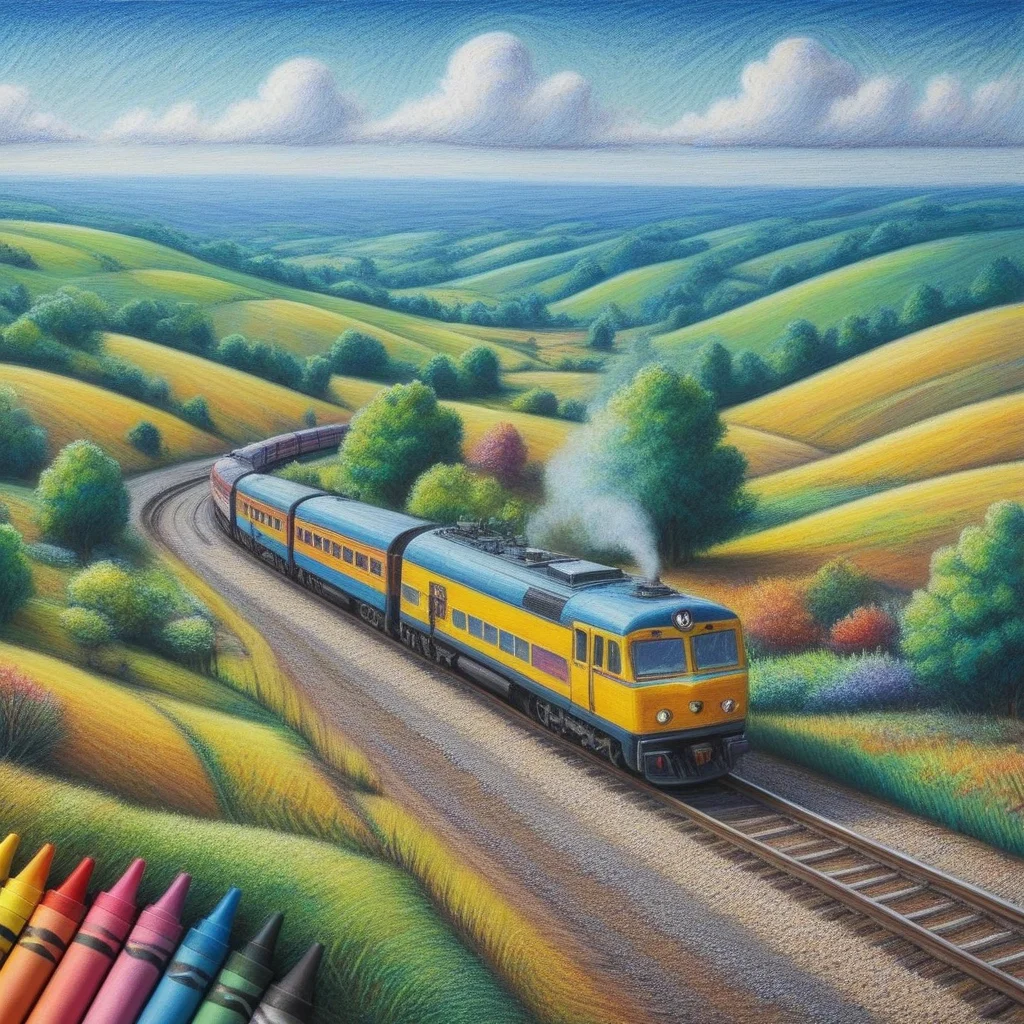 Model train, landscape,  <lora:Colorful_Crayons:1> cr4y0n, crayon drawing, colorful