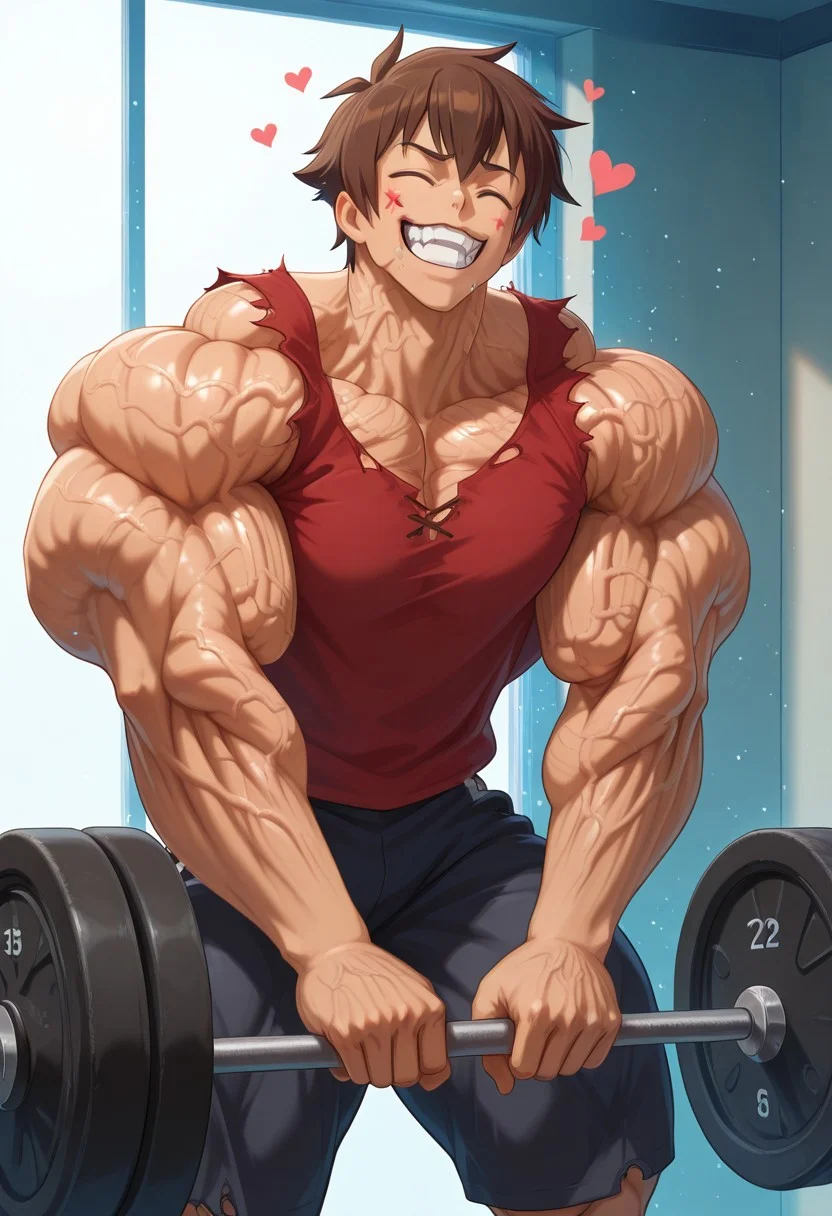 masterpiece, best quality, amazing quality, very aesthetic, absurdres, intricate details, five digits
, solo, 1boy, male focus, muscular male,clenched teeth, thick arms, weightlifting, exercise, veiny body, veiny arms, veiny neck, veiny face,
, <lora:nb-c_v2_IL-000025:1>,1boy, male focus, solo, closed eyes, smile, open mouth,heart emotes,anime, volumetric lighting, day, light particles,flexing,hulking out, muscular,torn clothes, roaring,hyper muscles growth, hyper muscles bigger,short hair, brown hair, green eyes, Kazuma-Liver020