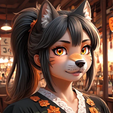 score_9, score_8, score_7, Mauri, furry, anthro, anthro wolf, anthro wolf girl, wolf_ears, fair_skin, orange_eyes, black_dress, black_hair, bangs, ponytail, digital art, portrait, facial_focus, kemono, Milk0751, art by Milk0751