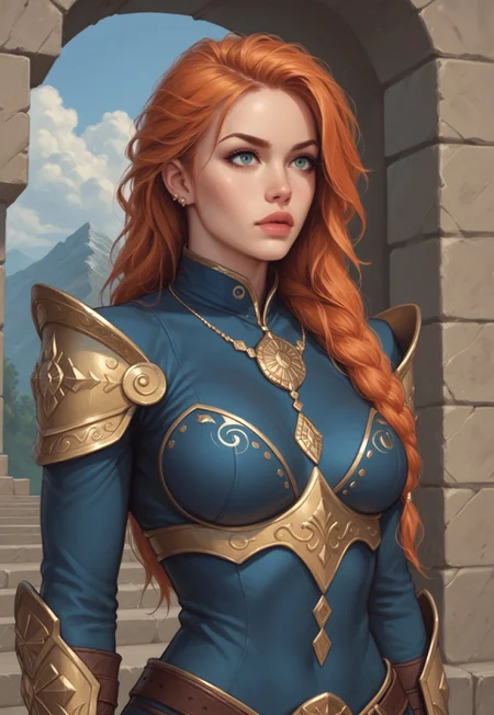 safe_pos, score_9, score_8_up, score_7_up, score_6_up, fearless warrior, intricate golden armor, mythical, flowing ginger hair, hyper-realistic, epic angle, dramatic lighting, wielding a legendary flaming sword, powerful physique, fierce expression, piercing emerald eyes, ready for battle
BREAK
standing atop a ancient stone fortress
BREAK
source_action_art, rating_explicit, awe-inspiring, upper body, dynamic pose, powerful stance
BREAK
highly detailed environment, crumbling stone walls, distant mountain range, stormy skies, flickering torches, battle-ready ambiance