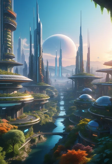 dawn, small colorful scifi future city, with a lot of nature.
score_9, score_8_up, score_7_up, score_6_up, score_5_up, score_4_up, UHD, 8K, masterpiece, detailed, ultra_high_resolution, lots of detail, OverallDetailXL.