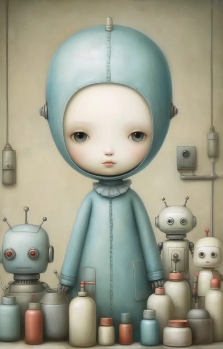 masterpiece,best quality,<lora:tbh340-sdxl:0.75>,illustration,style of Nicoletta Ceccoli, portrait of Housework robots