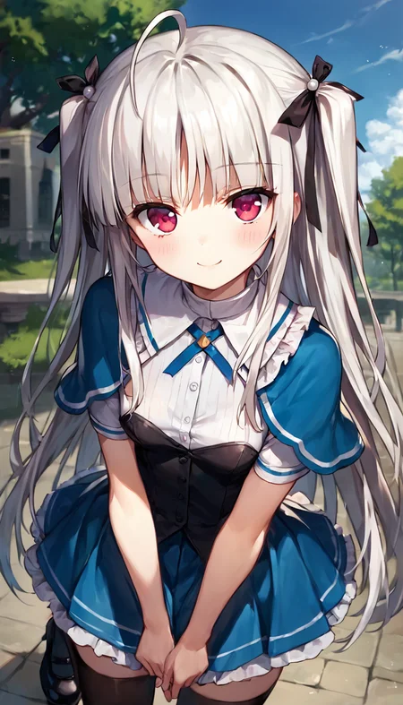 score_9,score_8_up,score_7_up,score_6_up BREAK official art,solo,outdoors,upper body,(portrait:1.5),looking at viewer,facing viewer,smile,blush,Julie Sigtuna,ahoge,very long hair,white hair,black hair ribbon,two side up,sidelocks,blunt bangs,fuchsia eyes,blue capelet,neck ribbon,blue ribbon,white shirt,long sleeves,buttons,small breasts,blue skirt,pleated skirt,frills,black thighhighs,zettai ryouiki,mary janes,black footwear,<lora:Julie Sigtuna(ad)-Pony:1.4>,