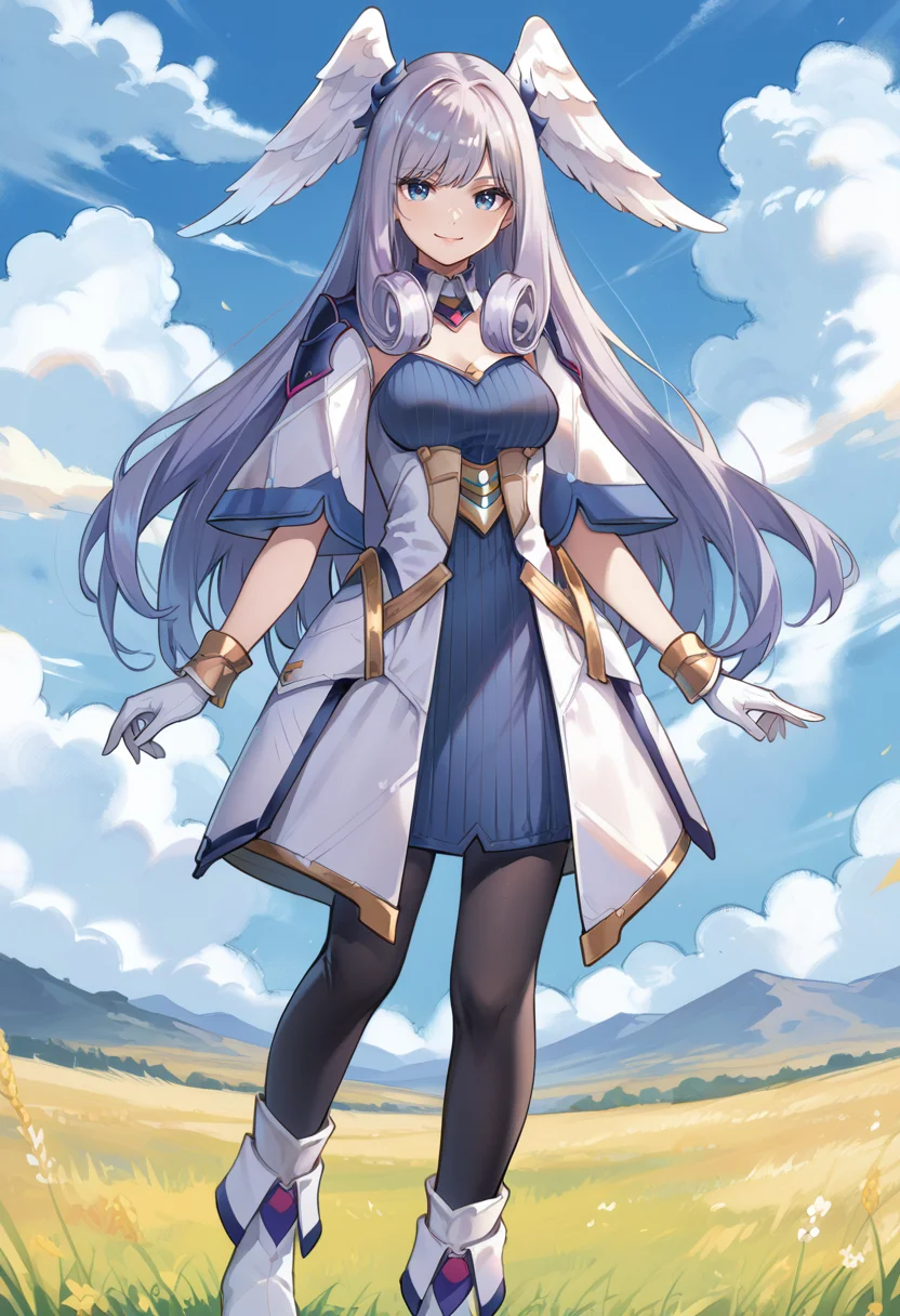 (score_9:0.9),score_8_up,score_7_up,rating_safe,anime style,(zPDXL),<lora:XB3 Melia Antiqua ponyXL v1:0.74>, melia antiqua xb3, 1girl, solo, white dress, smile, medium breasts, looking at viewer, black pantyhose, white gloves, full body, sky, white boots