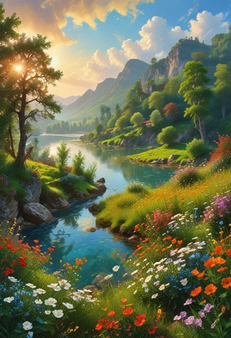 OverallDetail. A serene and breathtaking landscape of a lush meadow, stretching out as far as the eye can see. The carpet of vibrant green grass is speckled with wildflowers in every color of the rainbow, swaying gently in the warm breeze. In the distance, rolling hills rise and fall, adorned with dense forests of towering trees, their canopies intertwined to create a natural ceiling of emerald greenery. A crystal-clear river meanders lazily through the valley, its sparkling waters reflecting the blue sky above. The horizon is dotted with puffy white clouds, casting soft shadows across the landscape. The air is filled with the sweet scent of flowers and the song of birds, creating a harmonious symphony of nature. A warm golden glow bathes the entire scene, painting everything in warm hues, as the setting sun slowly dips below the horizon, signaling the end of another day in this idyllic natural landscape.