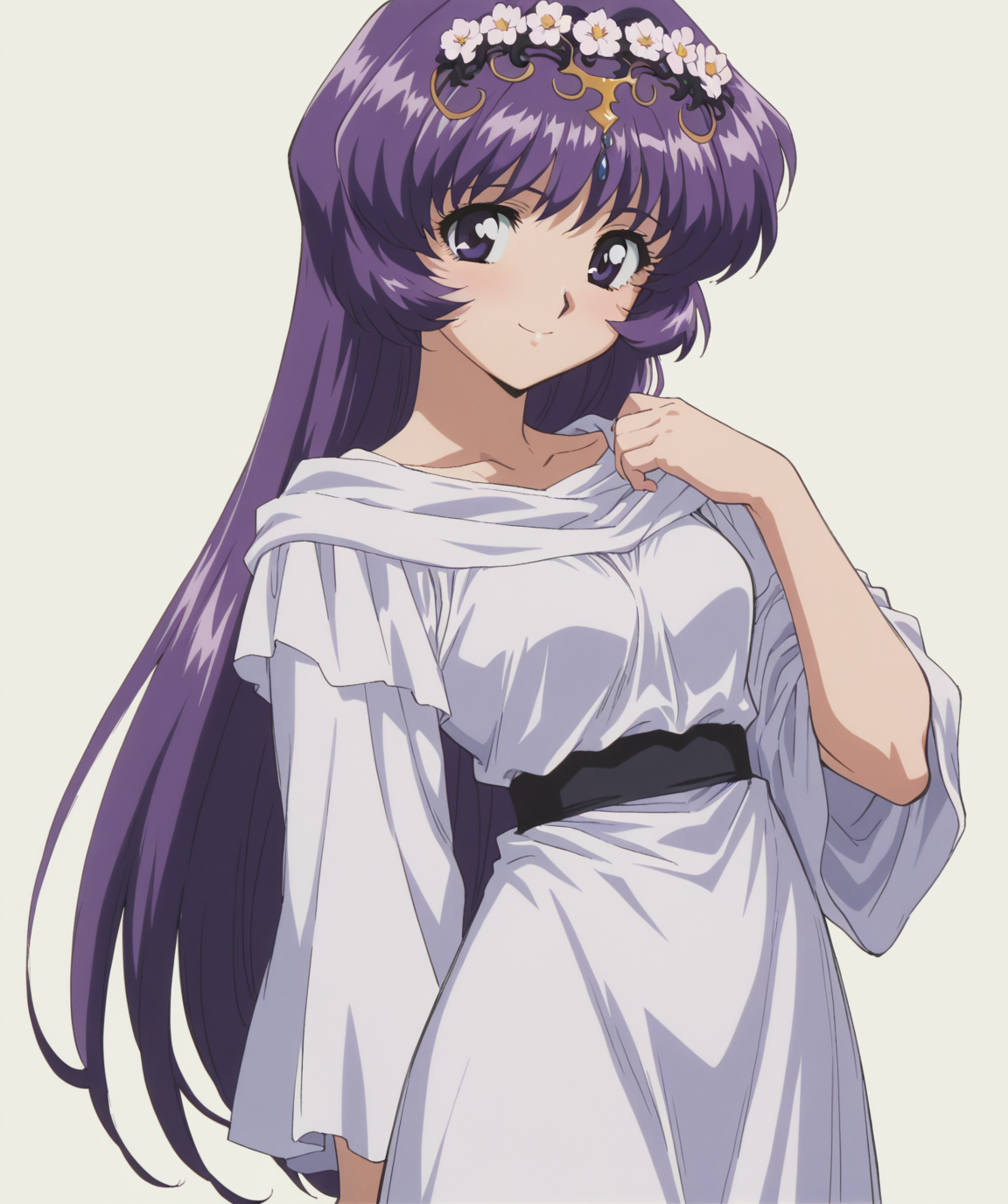 masterpiece, best quality, amazing quality, very aesthetic, ultra detail, clear line, solo, <lora:little_niece_v01:0.8>, little niece, purple eyes, long hair, dark purple hair, flower circlet, white dress, black band, smile, cowboy shot, simple background, <lora:LECO_BadHands:1.2>, <lora:LECO_GoodHands:-1.2>