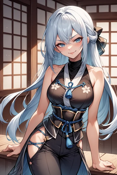 score_9, score_8_up, score_7_up, , rating_general ,1girl , long hair, grey hair,  sidelocks tied back, black hair bow, sleeveless black kimono,  blue tassel, sash, hip vent, black pants, toeless footwear,  source_anime, <lora:ShizunaRemMisurugiPDCAMEq1v1.1 Eiyuu Densetsu:1>, cowboy shot,  abstract, naughty face, alluring, indoors, bare arms