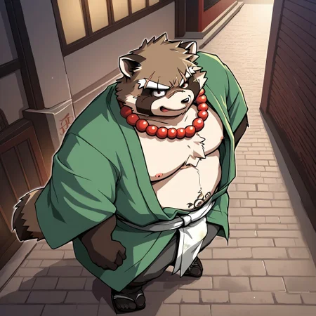 detail background, 4k, masterpiece, anthro raccoon, furry male, 1boy, male focus, solo, furry, animal ears, muscular, bara, muscular male, japanese clothes, open kimono, pectorals, green kimono, nipples, bare pectorals, sarashi, hadanugi dousa, from above, large pectorals, tail, jewelry, tattoo, full body, open clothes, beads, bead necklace, scar, brown fur, close up, alley, at night, outside