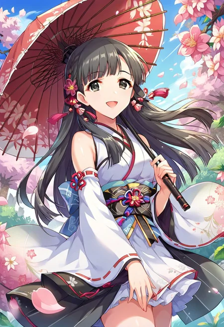 score_9, score_8_up, score_7_up, source_anime,kobayakawa sae, black hair, black eyes, 1girl, solo, long hair, umbrella, hair ornament, japanese clothes, oil-paper umbrella, detached sleeves, smile, cherry blossoms, open mouth, flower, petals
