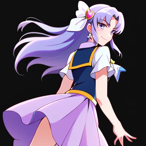 score_9, score_8_up, score_7_up, score_6_up, score_5_up,1girl, Cure Fortune,<lora:Hikawa_Iona__Cure_Fortune:1>,bright lavender eyes, bright lavender hair, long thick hair, ponytail, thin forelocks,pale lilac bow, violet heart clip, gold star earrings, white top, ruffled sleeves, dark navy vest, gold detail, pale lilac lapel, white ruffled trim, pale lilac ribbon-shaped wings, pastel indigo ribbon, white ribbon, gold heart brooch, pale lilac skirt, ruffled skirt, cascading back, white sleeves, gold straps, white thigh-high boots, lavender bows, gold heart accents,white background,simple background,ass,earrings,smile,knee boots,looking at viewer ,safe work,front-facing, waist-up view,, face,detailed expression, centered framing, natural posture, balanced lighting, medium shot, neutral background, portrait orientation, clear details,,looking at viewer