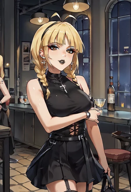 Score_9,score_8_up,score_7_up,score_6_up,source_anime,detail,1girl,solo,neon glow,BREAK
GothicC, makeup, lipstick, mascara, black nails, tattoo, black lips, wide lips, BREAK
akzkrtk,long hair, (blonde hair),(twin braid,bangs:1.1), antenna hair,((no glasses)),brown eyes, BREAK
(the whole body is sweaty:1.2), (steam on the body),((jet-black skin)), BREAK
(indoors:1.1),(night:1.4),(cowboy shot:1.2), Dutch Angle Shot, (dynamic angle:1.2), (dynamic pose:1.2), face focus, eyes focus, (sitting, beside Bar counter,), holding wine, BREAK
ruanyi0729,indoors,bar \(place\), BREAK
ruanyi1005,backless dress,black dress,sleeveless,turtleneck,short dress,tight dress,cross-laced clothes, BREAK
Expressiveh,horny face,((seduce)),seduce smile, mouth close, BREAK
OverallDetail,Frontlight,