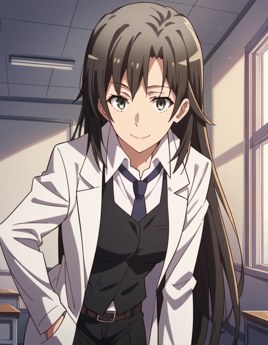 score_9, score_8_up, score_7_up, source_anime,
shizukahiratsuka, <lora:shizuka-hiratsuka-s2s3-ponyxl-lora-nochekaiser:1>,
shizuka hiratsuka, long hair, black hair, black eyes,
necktie, belt, vest, labcoat, white labcoat,
indoors, classroom, bent over, smile,
looking at viewer, cowboy shot, solo, dutch angle,