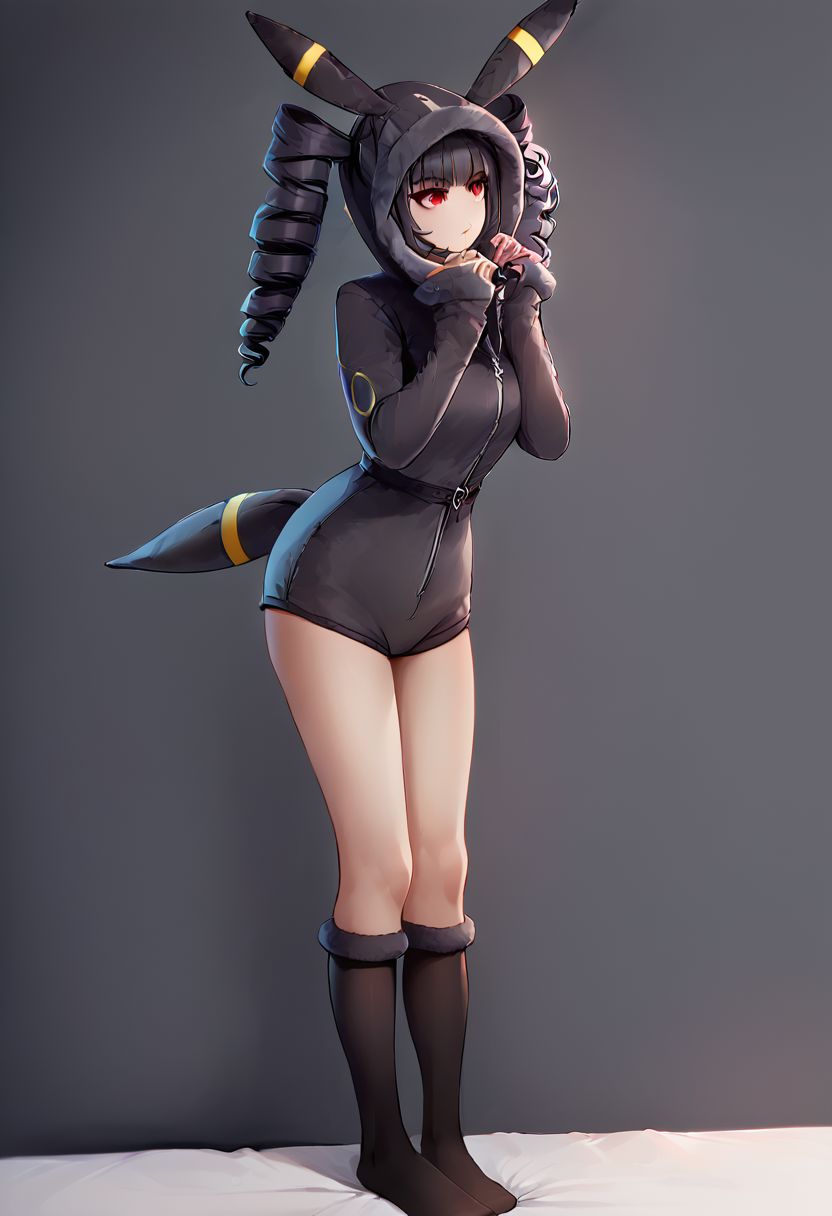 score_9, score_8_up, score_7_up, score_6_up, score_5_up, score_4_up, 1girl,  celestia ludenberg, long hair, bangs, black hair, red eyes, long sleeves, twintails, drill hair, twin drills, curvy, source_anime, ears, hood up, onesie, tail, knee high socks,  umbr30n, <lora:umbr30nXLP:0.6> full body, bedroom background, sitting on bed