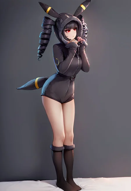 score_9, score_8_up, score_7_up, score_6_up, score_5_up, score_4_up, 1girl, celestia ludenberg, long hair, bangs, black hair, red eyes, long sleeves, twintails, drill hair, twin drills, curvy, source_anime, ears, hood up, onesie, tail, knee high socks, umbr30n, <lora:umbr30nXLP:0.6> full body, bedroom background, sitting on bed