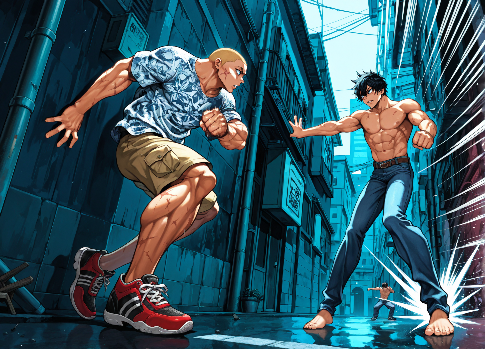 masterpiece, best quality, amazing quality, absurd res,
 <lora:Jack_Hanma_Baki_for_Illustrious:0.8> 1boy, j4ck_h4nma, muscular, scar, blue eyes, shaved head, blonde hair, pattern shirt, shorts, sneakers,  fight, fighting pose, punch, alleyway, urban, night, 
\n
1boy, battle, fight, fighting pose, punch, alleyway, urban, night, spiky black hair, topless male, jeans, barefoot, motion lines, emphasis lines,