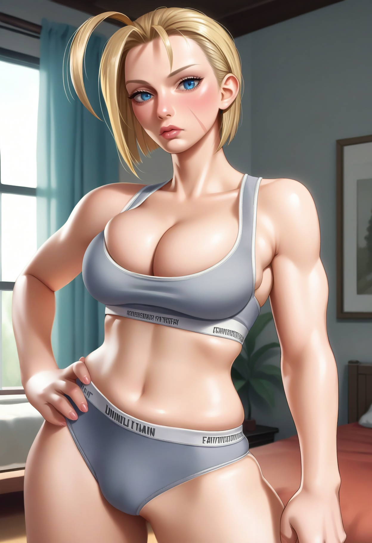 score_9, score_8_up, score_7_up, score_6_up, source_anime, <lora:CalvinKleinSF:0.7>, <lora:cammySDXL:0.8>, cammySDXL, tall female, aged up, small head, anime screencap, anime coloring, 
short hair, blue eyes, blonde hair, antenna hair, large breasts, lips, scar, scar on face, forehead, toned, nose,
CalvinKleinSF, calvin klein, sports bra, grey panties, wedgie, grey bra, skindentation, cleavage, 
standing, looking at viewer, hand on own hip, 
BREAK on bed, indoors,