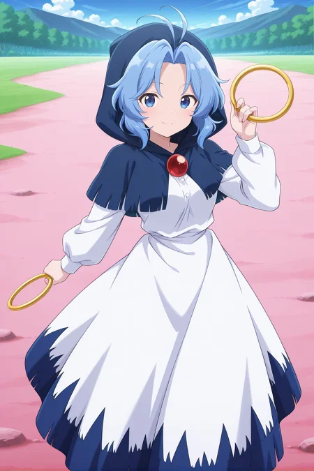 absurdres, highres, masterpiece, best quality, amazing quality, official anime artwork, screencap, anime screencap, outdoors, looking at viewer, light smile, dynamic pose, standing,
 <lora:Ichirin-Kumoi_Illustrious:1> kumoi ichirin, 1girl, solo, blue eyes, blue hair, short hair, antenna hair,, blue capelet, hooded capelet, hood up, white dress, long sleeves, hoop,