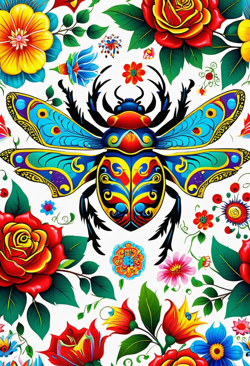 detailed colorful bright and bold collage extra quality , ED Hardy tattoo artwork ,Ed hardy  look alike art,  mean, (((tribal beetle   , seamless collage, mandala,  wallpaper  )) illistrations, complete bold art work and characters, solid lines,  easily distinguishable , distinguishable easily witnessed and convincing artwork masterwork, cartoon, illistrations,  big bold art , lots of flowers, spiders, ribbons, and flying sparrows, knives,   crosses, roses, dragons, chinese dragons  snails in the backgrounds
masterpiece, excellent work,  full pages ,digital art,  3D like artwork, popping from the screen, perfection,  perfect art, perfect digital art work, bold crisp white background