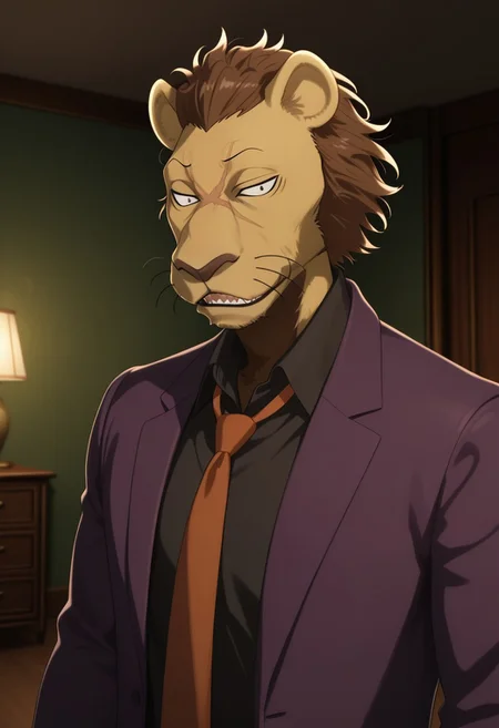 high quality, detailed, male, solo male,Dolph, mature male, anthro, lion, x scar on face, scar, tan yellow fur, light brown mane, brown hair, short spiky mane, spiky hair, black eyes, sharp teeth, animal ears, beastars, athletic build, indoors, living room, purple suit, black dress shirt, orange tie