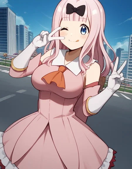 score_9, score_8_up, score_7_up, source_anime, chikafujiwara, <lora:chika-fujiwara-s3-ponyxl-lora-nochekaiser:1>, chika fujiwara, long hair, bangs, blue eyes, bow, pink hair, hair bow, blunt bangs, black bow, large breasts,, <lora:prisma-illya-cosplay-ponyxl-lora-nochekaiser:1>, prismaillyacosplay, prisma illya \(cosplay\), dress, elbow gloves, feather hair ornament, feathers, frilled dress, frills, gloves, hair ornament, layered gloves, magical girl, orange ascot, pink dress, pink feathers, pink gloves, pink sleeves, white gloves,, cityscape, street, smile, blush, v, v over eye, one eye closed, tongue out,, cowboy shot, dutch angle, solo,