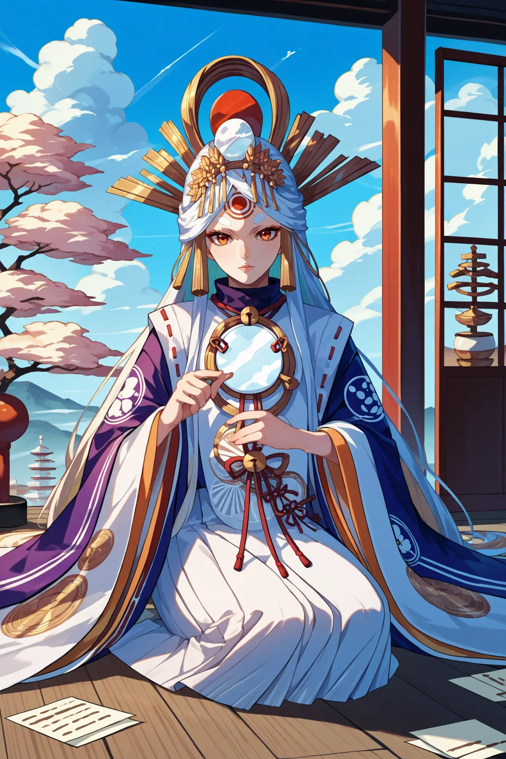 score_9, score_8_up, score_7_up, score_6_up, source_anime, 1girl, solo, <lora:miketsu-pdxl-nvwls-v1-000005:1> divmiketsu, white hair, headdress, hair ornament, japanese clothes, white dress, wide sleeves, blue sky, clouds, looking at you, sitting, on floor, japanese architecture, paper doors