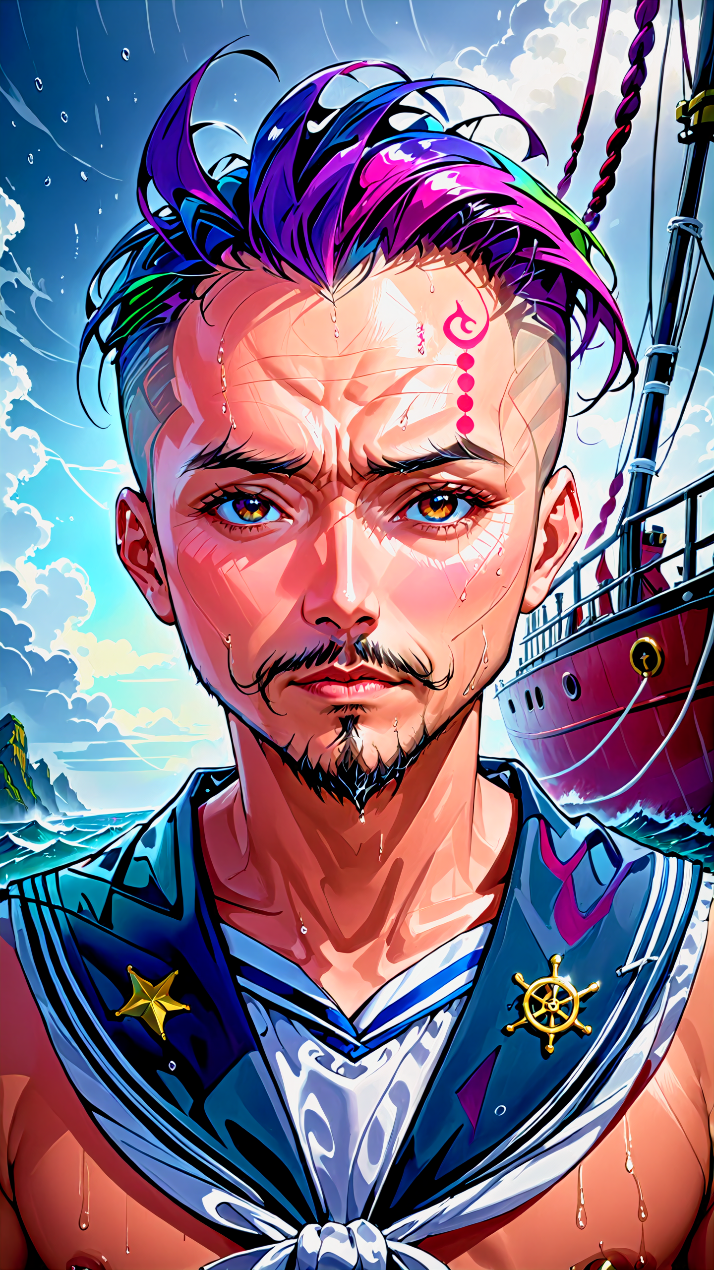 (Schizowave), <lora:Schizowave:1.5>, photo of a sailor, ultra realistic photo, 44 years old asian male, goatee, adorned with nautical tattoos and a rugged expression that tells tales of countless voyages, award winning realistic photograph by the world best portrait photographer, overcast day, vivid fantasy colors, nikon, award winning, breathtaking