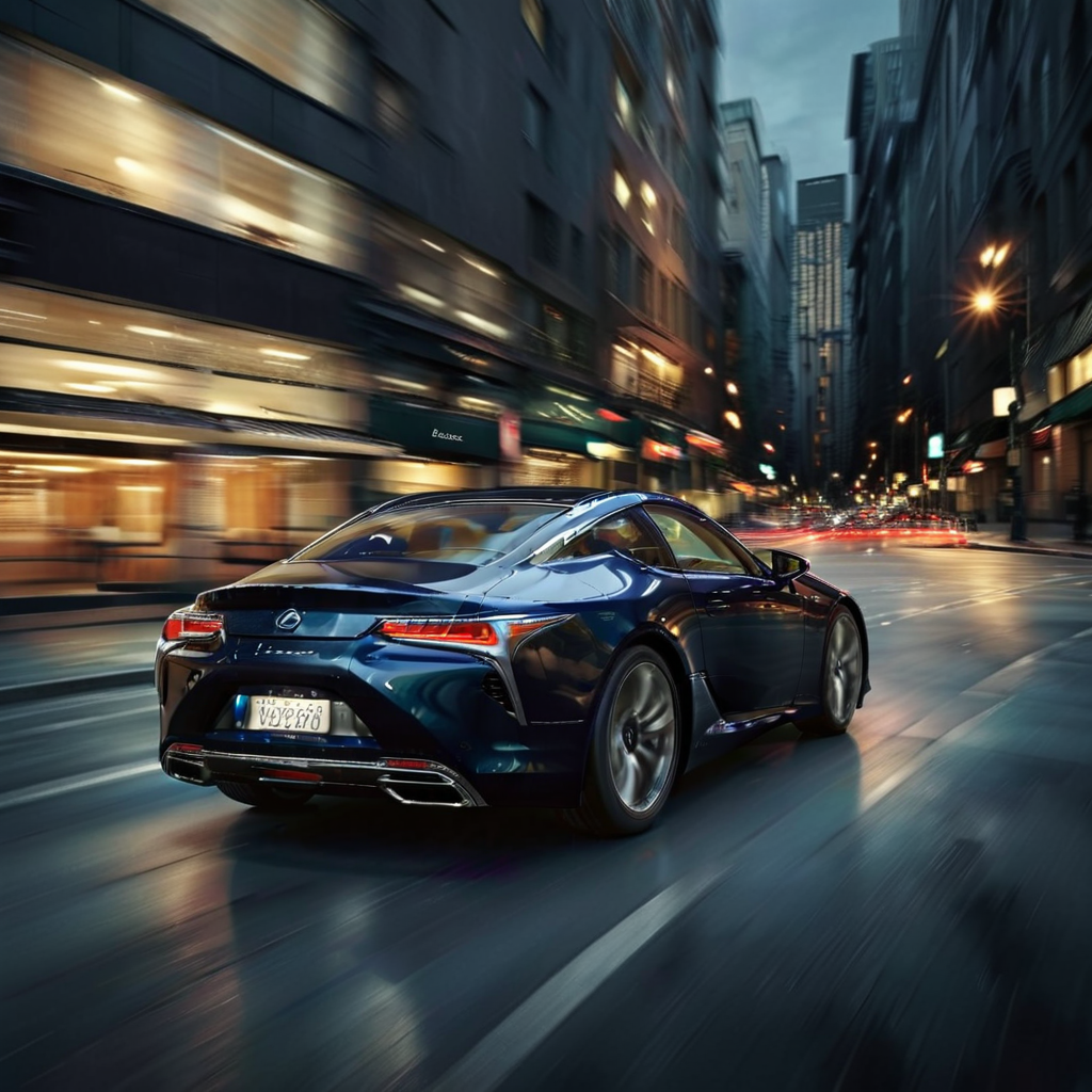 realistic photo of a black lexuslc car  in the city, dark nighzt, headlights on, lights on, motion blur, from behind <lora:LexusLC_SDXL_v1:1> <lora:Dont_Stop_Me_Now:0.8>